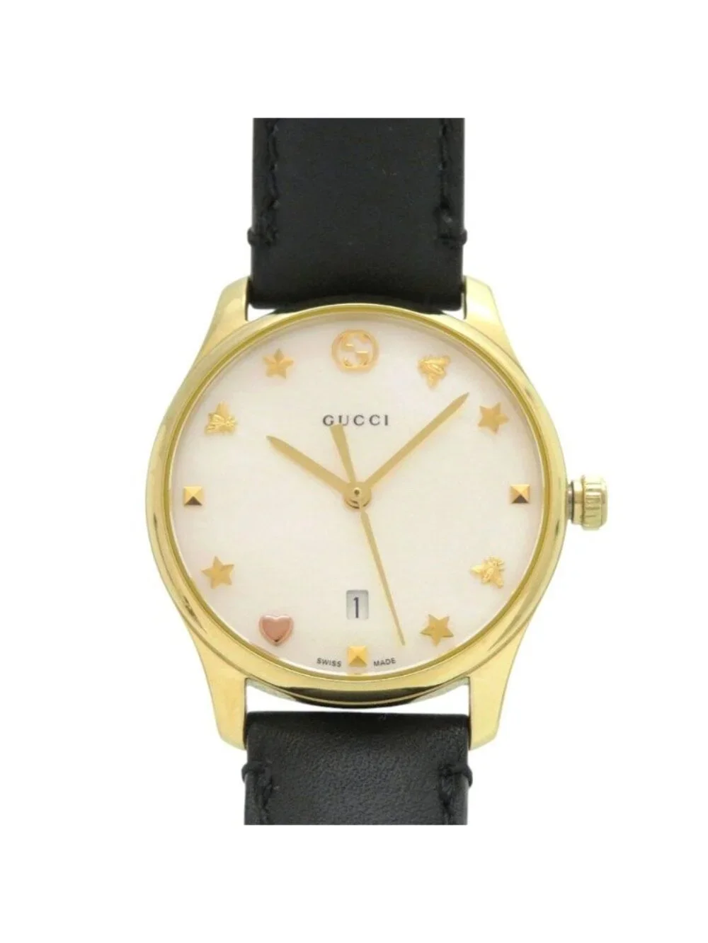 Gucci 126.5 SS Leather White Shell Black Quartz Watch Dial